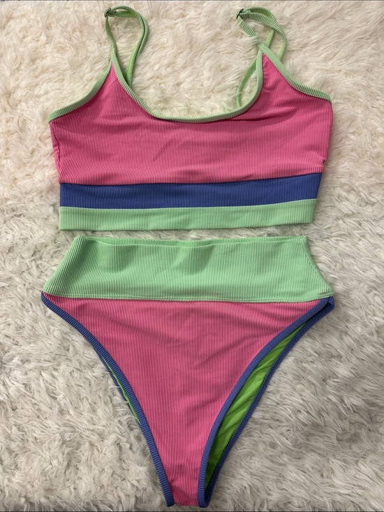 Beach Riot Other - Beach Riot Pink, Lime & Blue Ribbed High-Waist Bikini